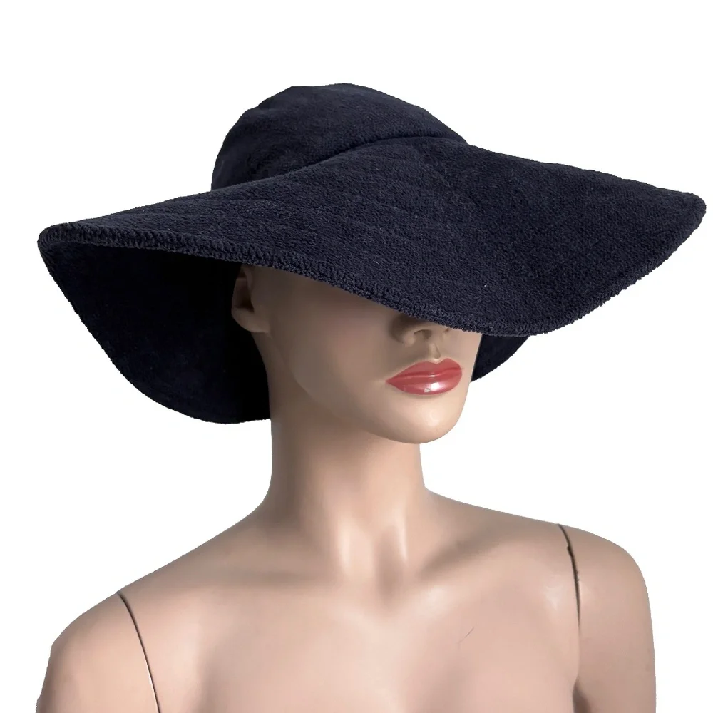 Vintage Norma Kamali for Stetson Hat Wide Brim Floppy Navy Terry Cloth HTF OS